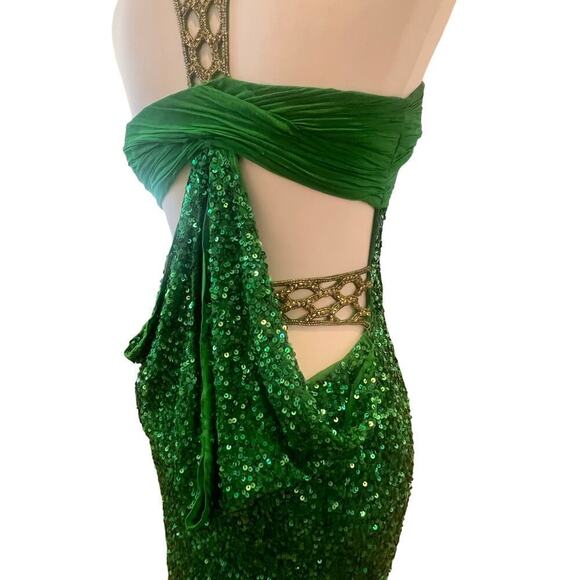 SCALA 100% SILK TOP SEQUINED BEADED NECK FLOOR LENGTH GREEN GOWN WOMENS SIZE 5 - Picture 11 of 15